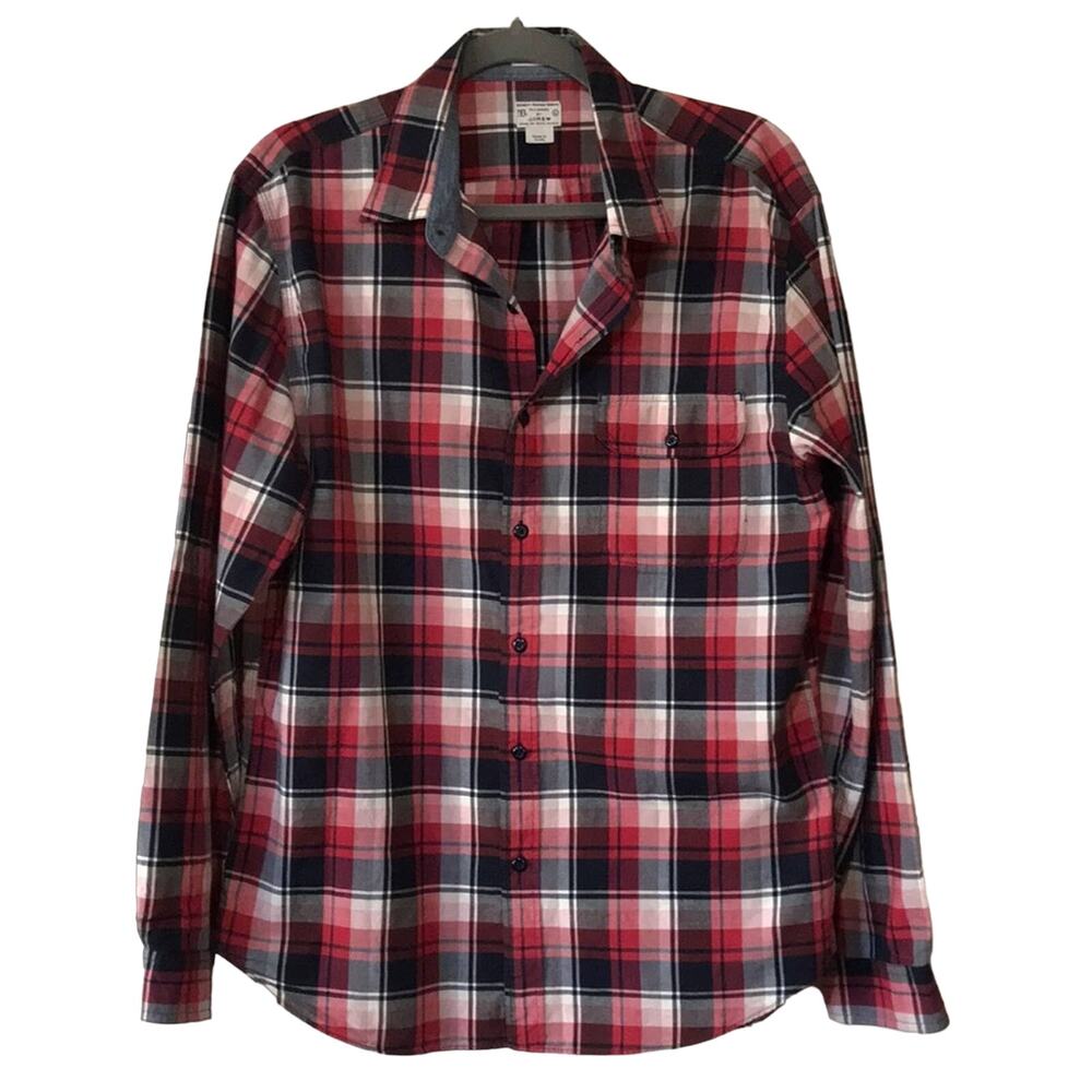 J. Crew Woven Plaid Men's Indian Madras Size Large Button Down Shirt Red Blue
